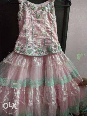 Girl's Pink And Green Floral Sleeveless Dress