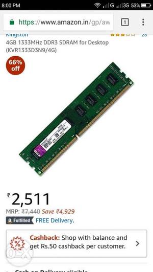 Kingston 4gb ddrmhz ram for  rs. only