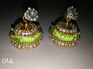 Pair Of Gold-colored Clear Gemstones Jhumka Earrings