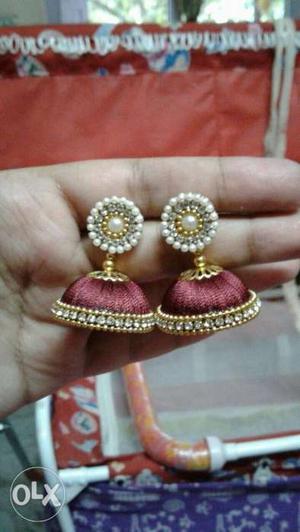 Pair Of Red-and-gold-colored Silk Thread Jhumkas