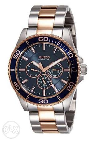 Round Blue Guess Chronograph Watch With Two-tone Link