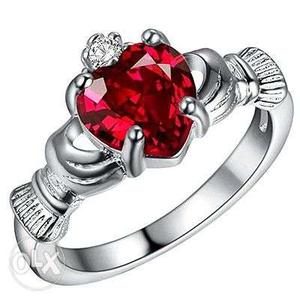 Silver-colored Red Gemstone Encrusted Ring