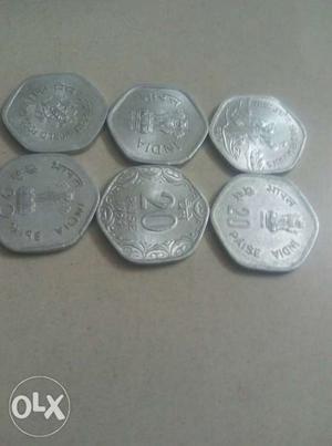 Six Silver-colored 20 Indian Paise Coins