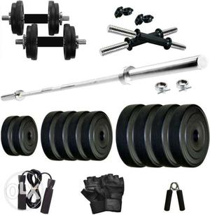 Stainless Steel Barbell Bar, Black Weighing Plates, And Two