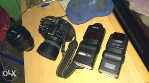 Nikon D with  lens & 50mm prime lens,2 external
