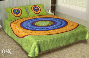Green, Yellow, Blue, And Maroon Printed Bedspread Set