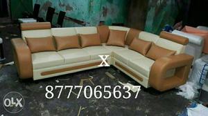 Beige Leather Sectional Sofa With Ottoman