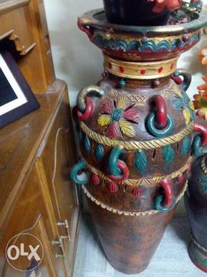 Brown, Red, And Green Wooden Floor Vase