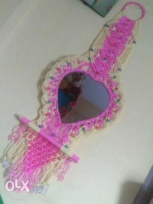 Heart-shaped Mirror With Pink And Beige Macrame Frame