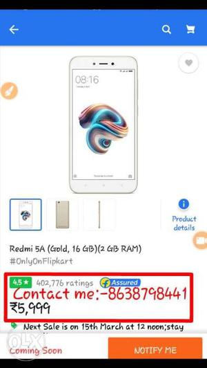 Redmi 5A(2GB Gold)Seal packed Available 2Pcs