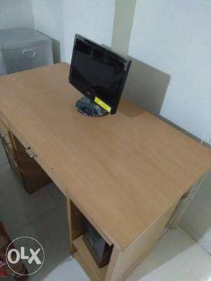 Brown Wooden Computer Desk With aoc computer in good