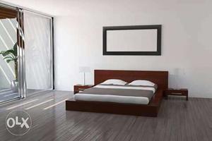 Brown Wooden Platform Bed And White And Gray Bed Sheet