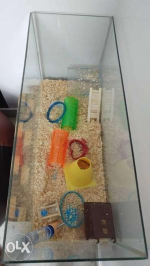 Hamster tank with toys, water bottle, hamster