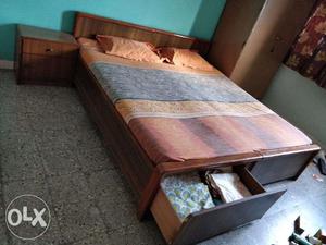 King size teak wood double bed with 2 teak wood side tables