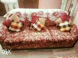 Maroon And White Floral Fabric Sofa