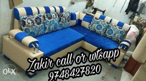 Blue and beige sectional couch l shape sofa set