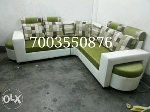 Green And White Suede Corner Sofa