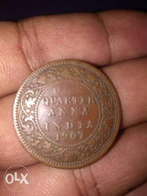 Round  Copper-colored 1 Indian Quarter Anna Coin