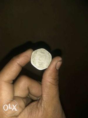 Scalloped Silver-colored 20 Indian Paise Coin