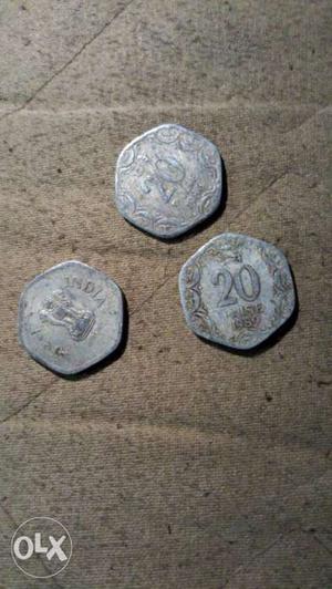 Three Silver-colored 20 Indian Coins