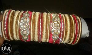 Beige And Red Silk-thread Bangle Lot
