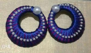 Blue-and-purple White Pearl Beaded Silk Thread Earrings