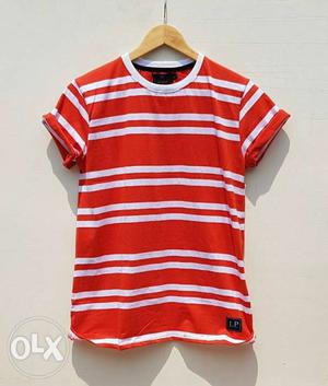Brand Name LP Red And White Stripe Crew-neck T-shirt