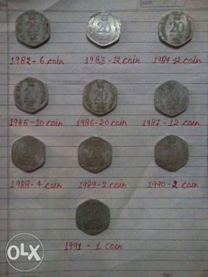 Collection of Antique 20 paisa coins from Indian