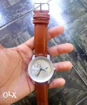 Fastreck Round Silver Watch With Brown Leather Strap