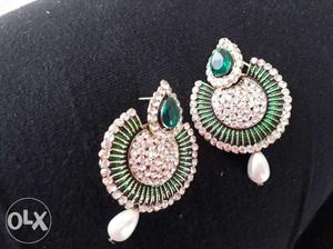Green silver stoned earrings