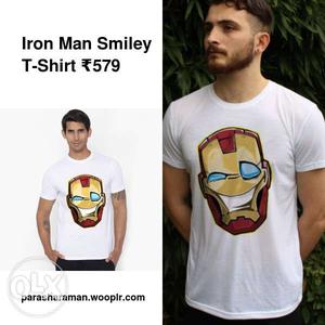 Men's White And Red Iron Man Smiley-printed Crew-neck Shirt