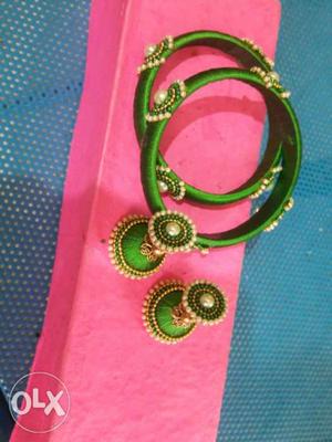 Pair Of Green Silk-thread Bangles And Jhumka Earrings