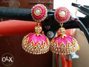 Purple-and-gold-colored Clear Gemstone Encrusted Jhumka