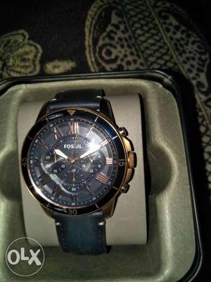 Round Blue Chronograph Watch With Blue Leather Strap
