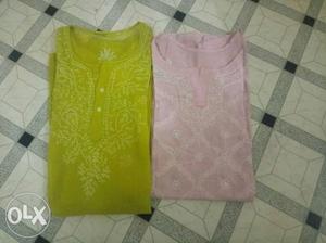 Two Pink And Green Floral Crew-neck lakhnavi kurta
