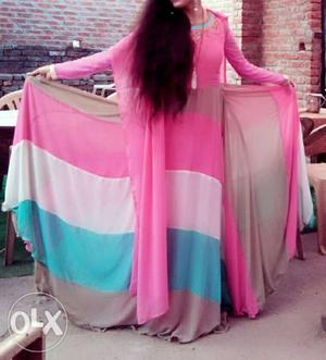 Women's Pink, White, And Blue Striped Traditional Dress