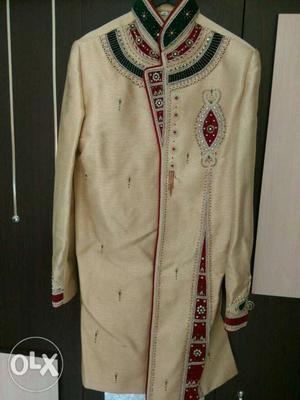 Beige, Red, And Green Sherwani new M size