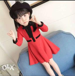 Girl's Red And Black Long-sleeved Mini Dress