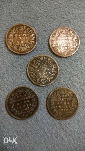 King Edward Vii One Quarter Anna. 5 Coins Set.
