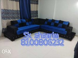Blue And Black Suede Sectional Couch