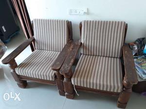 Brown Wooden Framed White And Gray Striped Padded Armchair