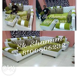 Green-and-white Suede Couch Set