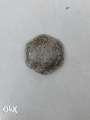 Hexagonal Silver-colored 20 Paise Coin