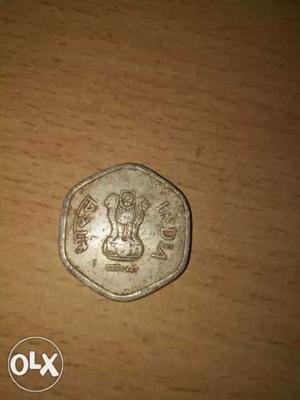 Hexagonal Silver-colored Indian Coin