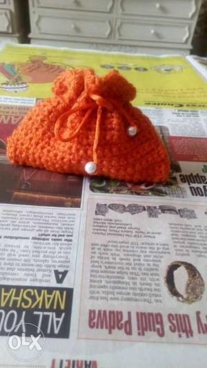 Orange Knitted Drawstring Bag