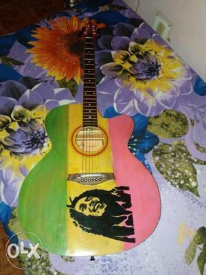 Pink, Yellow, And Green Bob Marley Printed Acoustic Guitar