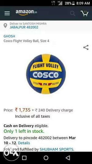 Size 4 Blue And Yellow Ghosh Cosco Flight Volley Ball