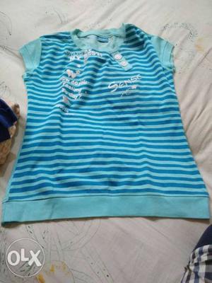 Toddler's Teal And Blue Striped Crew-neck Cap-sleeved Shirt