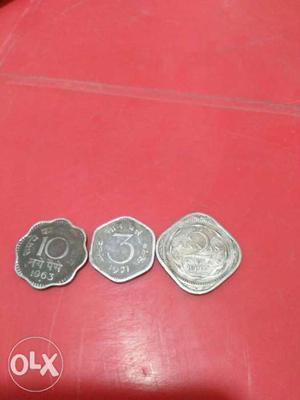 Two 3 And One 10 Indian Paise Coins