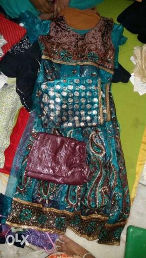 Unused cloth green n brown anarkali dress with